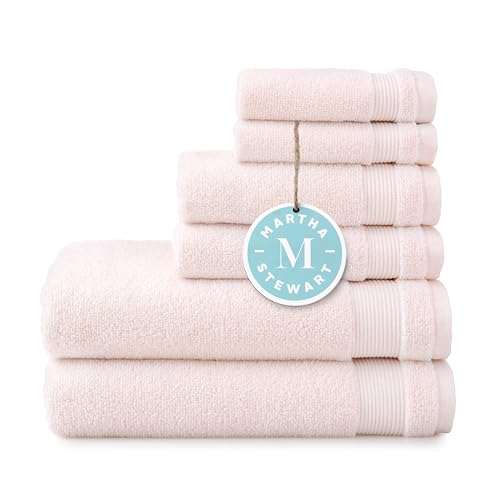 MARTHA STEWART 100zz Cotton Bath Towels Set Of 6 Piece, 2 Bath Towels, 2 Hand Towels, 2 Washcloths, Quick Dry Towels, Soft & Absorbent, Bathroom Essentials, Blush Pink