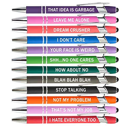 PASISIBICK 12 Pieces Funny Sarcastic Ballpoint Pens, Office Snarky Touch Screen Stylus Pen Encouraging, Black Ink (12 Color,Negative)