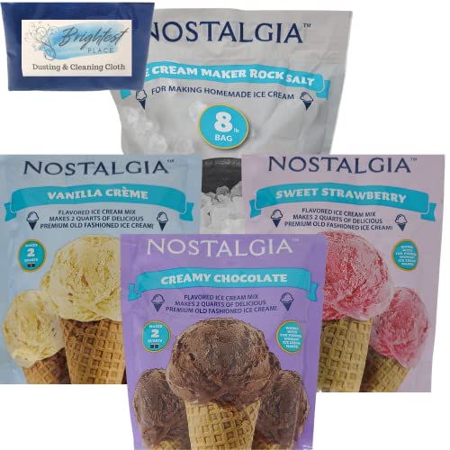 Ice Cream Maker Starter Pack Bundled with Nostalgia Ice Cream Maker Rock Salt (8lb), Vanilla Creme, Chocolate, Strawberry Flavored Ice Cream Mix Packets and Brightest Place Clean Up Cloth