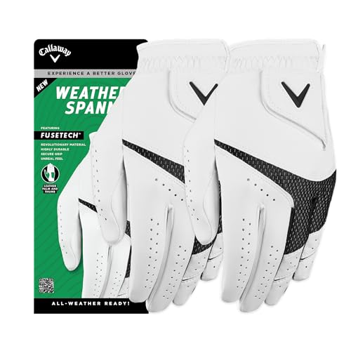 Callaway Golf Weather Spann Premium Synthetic Golf Glove (White, 2-Pack, Standard, Large, Worn on Left Hand)