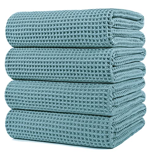 POLYTE Microfiber Oversize Quick Dry Lint Free Bath Towel, 60 x 30 in, 4 Pack (Green, Waffle Weave)