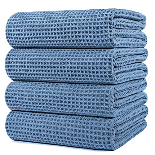 POLYTE Microfiber Oversize Quick Dry Lint Free Bath Towel, 60 x 30 in, 4 Pack (Blue, Waffle Weave)