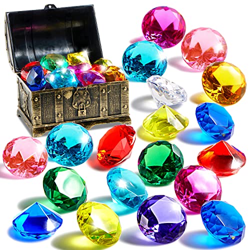 Sloosh Diving Gems Pool Toys, 16 Big Colorful Diamond with Pirate Treasure Chest, Swim Dive Toy for Kids Underwater Gemstone Swimming Training Gift Water Toys Pool Games（Gold）