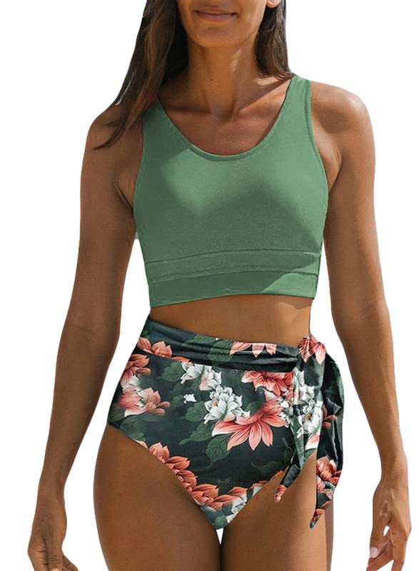 Dokotoo Bathing Suit for Women Tummy Control Fashion Floral Print Sexy Swimsuit Scoop Neck Sleeveless Tie Knot High Waisted Bikini Sets for Women Green Medium