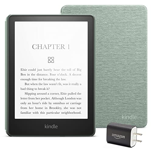 Kindle Paperwhite Essentials Bundle including Kindle Paperwhite (16 GB) - Agave Green, Fabric Cover - Agave Green, and Power Adapter