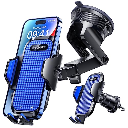 VANMASS [True Military-Grade] Car Phone Holder [2024 Best Suction & Clip] Cell Phone Mount for Dashboard Windshield Vent Truck Cradle Dash Stand for iPhone 15 Pro Max 14 13 12 Android, Blue