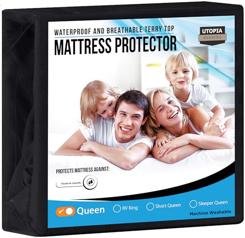 Utopia Bedding Waterproof Mattress Protector Queen Size, Premium Terry Mattress Cover 200 GSM, Breathable, Fitted Style with Stretchable Pockets (Black)