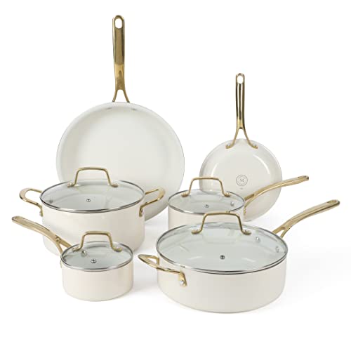 Martha Stewart Lockton Premium Nonstick PFA Free Ceramic Interior 10 Piece Heavy Gauge Enamel Aluminum Pots and Pans Cookware Set - Linen White w_Gold Handle