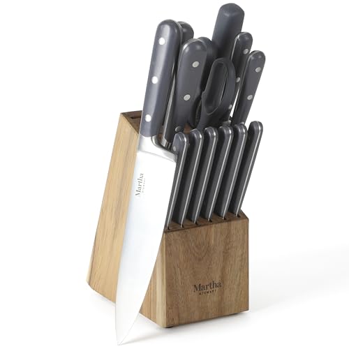 MARTHA STEWART Eastwalk 14 Piece High Carbon Stainless Steel Cutlery Knife Block Set w_ABS Triple Riveted Forged Handle Acacia Wood Block - Gray