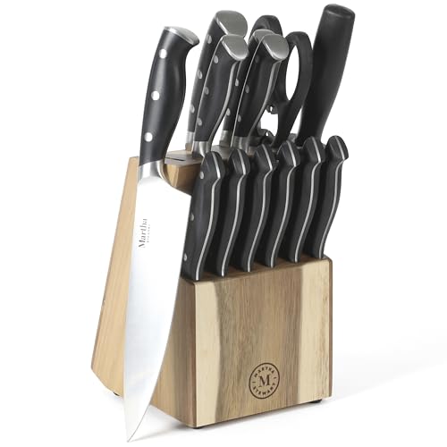 Martha Stewart Greeley 14 pc Triple- Riveted Cutlery Knife Acacia Wood Block Set w_Comfort Grip Handles- Black