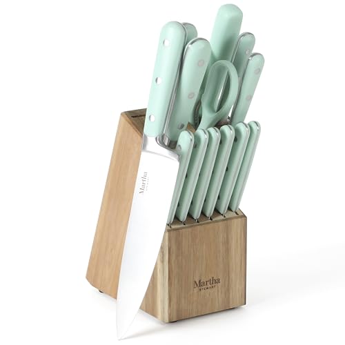 MARTHA STEWART Eastwalk 14 Piece High Carbon Stainless Steel Cutlery Knife Block Set w_ABS Triple Riveted Forged Handle Acacia Wood Block - Martha Blue