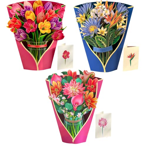 Freshcut Paper Pop Up Cards, Everyday Appreciation, 12 Inch Life Sized Forever Flower Bouquet 3D Popup Greeting Cards, Birthday Gift Cards, Best Friend Gift with Note Card and Envelope, Pack of 3