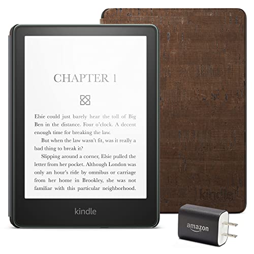 Kindle Paperwhite Essentials Bundle including Kindle Paperwhite (16 GB) - Agave Green - Without Lockscreen Ads, Cork Cover - Dark, and Power Adapter