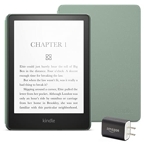 Kindle Paperwhite Essentials Bundle including Kindle Paperwhite (16 GB) - Agave Green, Leather Cover - Agave Green, and Power Adapter