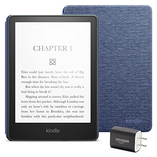 Kindle Paperwhite Essentials Bundle including Kindle Paperwhite (16 GB) - Agave Green, Fabric Cover - Denim, and Power Adapter