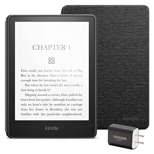 Kindle Paperwhite Essentials Bundle including Kindle Paperwhite (16 GB) - Agave Green, Fabric Cover - Black, and Power Adapter