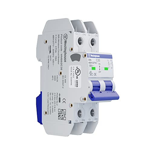 Westinghouse UL 489 AC Miniature Circuit Breaker, 30 Amp, 2 Pole, C Curve, 480Y_277V AC, 125V DC, 10kA SCCR, Thermal Magnetic Trip, DIN Rail Breaker