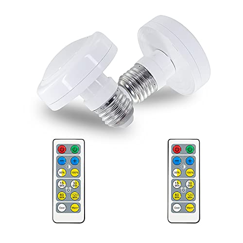 MILDWARM 2 Pack Battery Operated LED Light Bulbs, AAA Battery Powered Light Bulb with Remote Control, Dimmable Timer E26 Screw in Puck Light for No Hardwired Light Fixture No Electricity