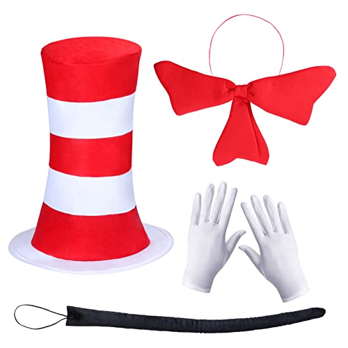 Keymall Top Hat Cat Costume Kit for Kids Red And White Striped Stovepipe Hat Gloves Bow Tie Long Tail For Halloween Props (4 Pieces)