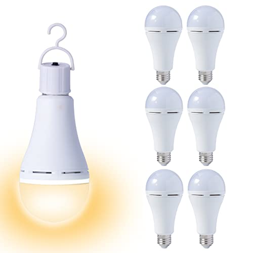 WAHADI A21 Rechargeable LED Bulbs 9W (60W Equivalent) Warm White 3000K Multi-Function Battery Backup Emergency Light for Power Outage Camping Outdoor Activity, E26 Screw Base (Pack of 6)