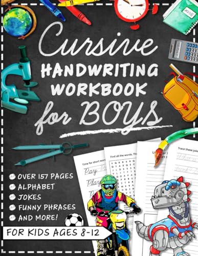 Cursive Handwriting Workbook for Kids Ages 8-12 with Jokes & Riddles for Boys: Penmanship Practice Paper and Script Writing Book for Beginners