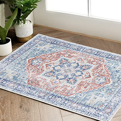 jinchan Area Rug 2x3 Entryway Rug Indoor Vintage Washable Rug Distressed Carpet Thin Doormat Non-Slip Accent Rug Lightweight Bathroom Kitchen Living Room Bedroom Blue Red