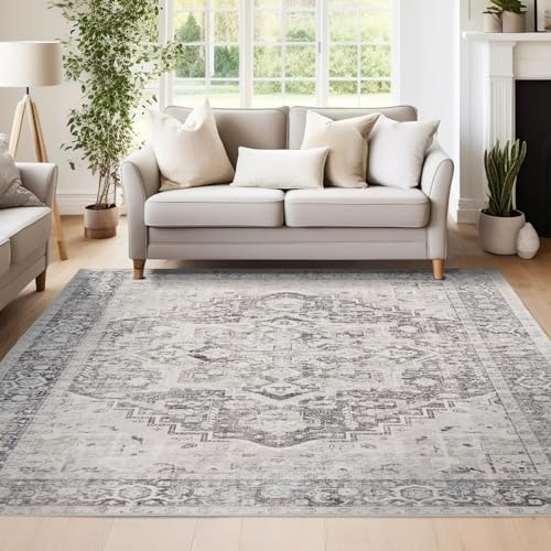 jinchan Area Rug 5x7 Washable Rug Bedroom Vintage Rug Non Slip Foldable Accent Rug Thin Rug Retro Floral Print Indoor Carpet for Living Room Kitchen Farmhouse Greige