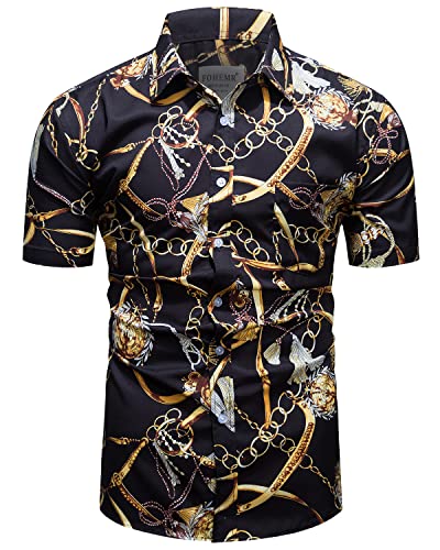 fohemr Mens Black Gold Dress Shirts Luxury Short Sleeve Chain Print Shirt Baroque Casual Button Down Design Buchona Shirts 4X-Large