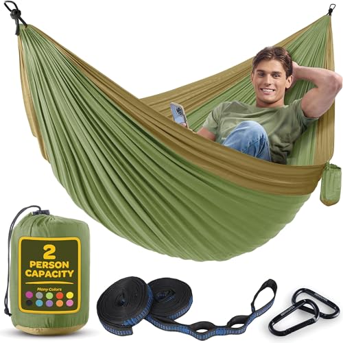 Durable Hammock 500 lb Capacity, Nylon Camping Hammock Chair - Double or Single Sizes w_Tree Straps and Attached Carry Bag - Portable for Travel_Backpacking_Beach_Backyard (Large, Khaki & Army Green)