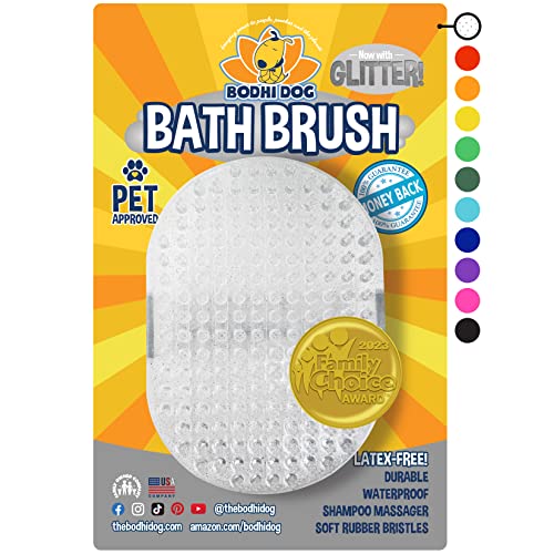 Bodhi Dog Shampoo Brush | Pet Shower & Bath Supplies for Cats & Dogs | Dog Bath Brush for Dog Grooming | Dog Scrubber for Bath | Professional Quality Dog Wash Brush (One Pack, Clear Silver Glitter)