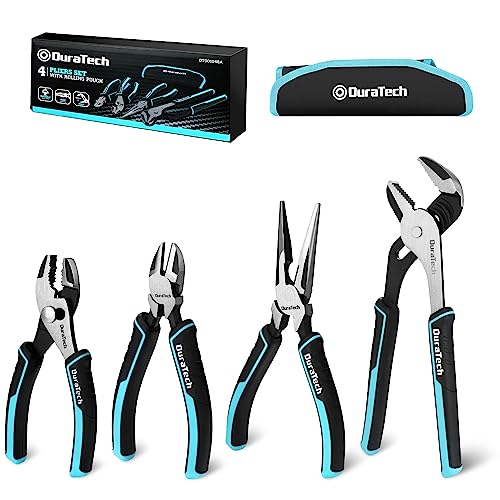 DURATECH 4-Piece Pliers Set with Rolling Pouch, Premium Cr-Ni Construction, (10" Groove Joint Pliers, 8" Long Needle Nose, 6" Slip Joint, 6" Diagonal) for Basic Repair