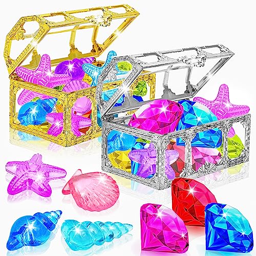 MGparty 24pcs Diving Gem Pool Toy Colorful Diamonds Set with Treasure Pirate Box Summer Underwater Swimming Toys for Boys and Girls