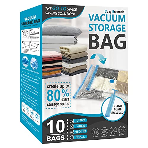 10 Pack Vacuum Storage Bags, Space Saver Bags (2 Jumbo_2 Large_3 Medium_3 Small) Compression Storage Bags for Comforters and Blankets, Vacuum Sealer Bags for Clothes Storage, Hand Pump Included