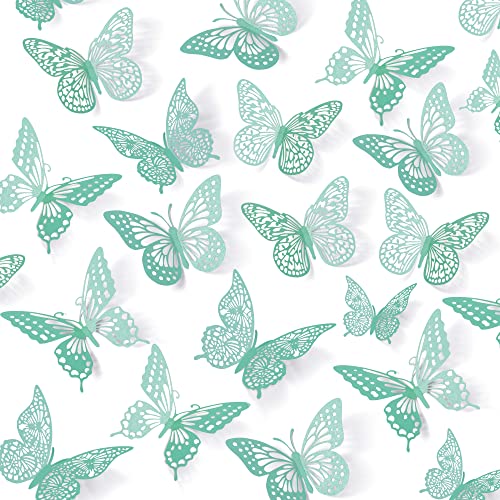 SAOROPEB 3D Butterfly Wall Decor 48 Pcs 4 Styles 3 Sizes, Butterfly Birthday Decorations&Butterfly Party Decorations&Butterfly Cake Decorations-Removable (Pale Turquoise)