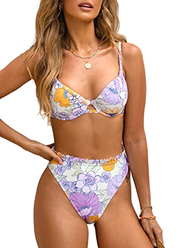 CUPSHE Women Swimsuit Bikini Set Two Piece High Waisted Drawstring Floral Bathing Suit with Underwire, L Lavender