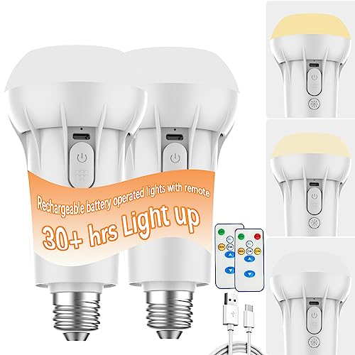 Rechargeable Battery Operated Light Bulb, 12W 3 Color Temp Battery Light Bulb with Remote for Lamp, Wireless Dimmable Led Light Bulbs, 35000H Lifespan, Battery Backup Emergency Light for Power Outage