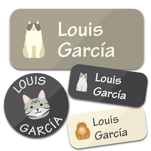 Bunny Badges Personalized Daycare Name Labels (130 Labels) - Custom Waterproof Name Stickers for Clothing Tags, Water Bottles, Lunch Boxes and School Supplies (Cats)