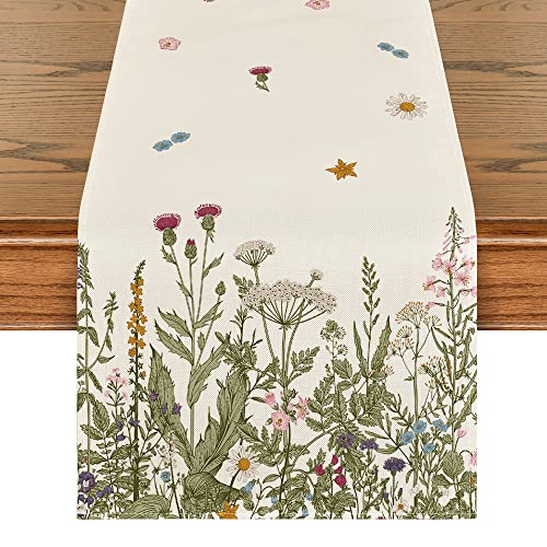 Artoid Mode Antique Herbs and Wild Flowers Summer Table Runner, Spring Fall Kitchen Dining Table Decoration for Home Party 13x72 Inch