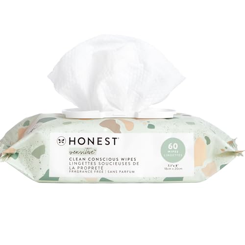 The Honest Company Clean Conscious Unscented Wipes | Over 99zz Water, Compostable, Plant-Based, Baby Wipes | Hypoallergenic for Sensitive Skin, EWG Verified | Geo Mood, 60 Count