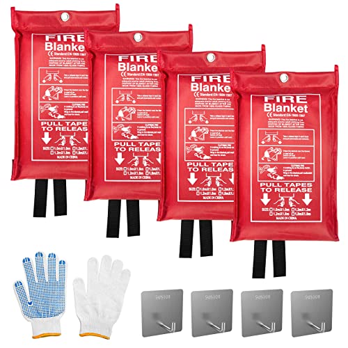 QUINIVER Emergency Fire Blanket (4 Pack) + 4 Hooks & 1 Gloves, Fire Suppression Blanket for Kitchen, 40" x 40" Fire Blanket for Home, Fiberglass Fireproof