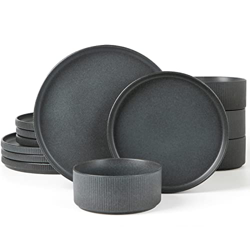 Famiware Star Dinnerware Sets, Plates and Bowls Set for 4, 12 Piece Dish Set, Full Glaze Matte Dark Charcoal