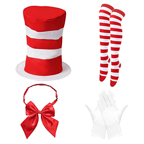 Jolbndcv Top Hat Costume Set Cat Costume Kit Red White Top Hat Headband Gloves Bow Tie for Adult Halloween Costume