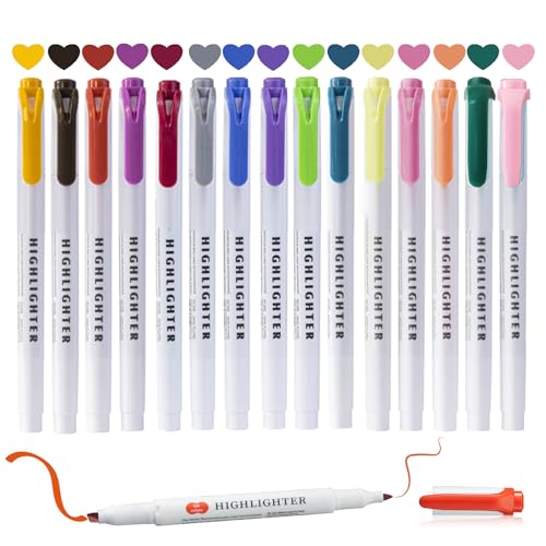 konket 15 Pcs Aesthetic Cute Highlighters with Soft Chisel Tip, Double Ended Highlighter, Quick Dry Assorted Colors Highlighters Markers for School Supplies and Office Journaling