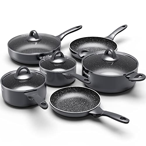 Induction Cookware Pots and Pans Set 10 Piece, BEZIA Dishwasher Safe Nonstick Cooking Pans, Stay-Cool Bakelite Handle, Scratch Resistant Kitchen Sets with Frying Pans, Saucepans & Stockpot