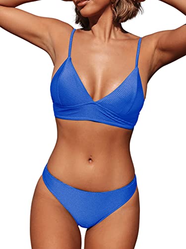 CUPSHE Womens Swimwear Bikini Set Two Piece Bathing Suit Ribbed Triangle Swimsuit Adjustable Shoulder Straps, Small, Royal Blue