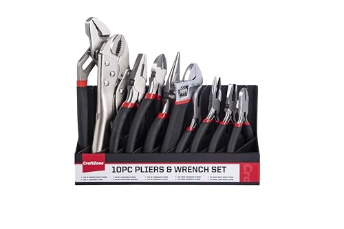 CraftZone 10PC Pliers&Wrench Set, Includes Locking Pliers,Long Nose Pliers,Diagonal Pliers,Groove Joint Pliers,Linesman Pliers,Mini Pliers and Adjustable Wrench,With Storage Rack.For DIY&Home Use.