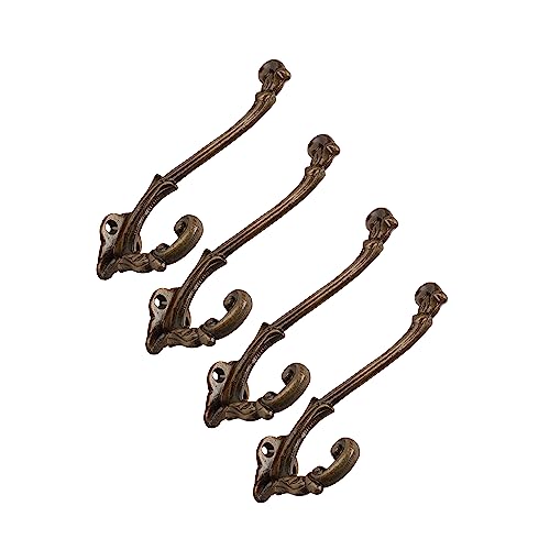 CRAFTSMAN ROAD Vintage Cast Iron Wall Hooks (Antique Brass Finish, Set of 4) - Rustic, Farmhouse, French Country Coat Hooks | Great for Coats, Bags, Towels, Hats | French Slender