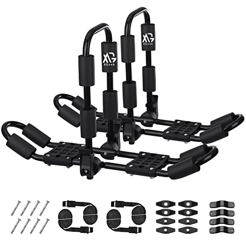 XGeek Kayak Roof Rack 4-in-1 for Kayak, Surfboard, Canoe and Ski Board Rooftop Mount Carrier Folding Adjustable Bilateral J-Style Rack on SUV, Car and Truck