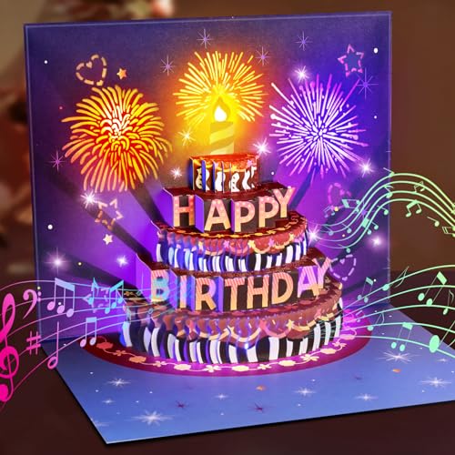 INPHER Birthday Cards Fireworks Pop Up Cake Light and Music Happy Birthday Card Gift for Women, Men, Mom, Grandma