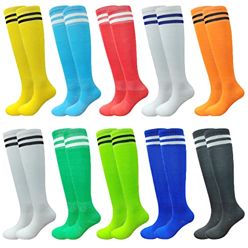 10 Pairs Kids Soccer Socks Stretchy Knee High Tube Socks Colorful Football Athletic Team Socks for Boys Girls (6-14 Years Old)